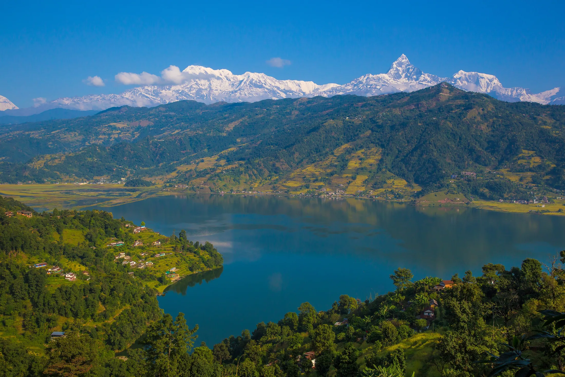 The Annapurna range and Phewa Lake seen from above Pokhara, Nepal