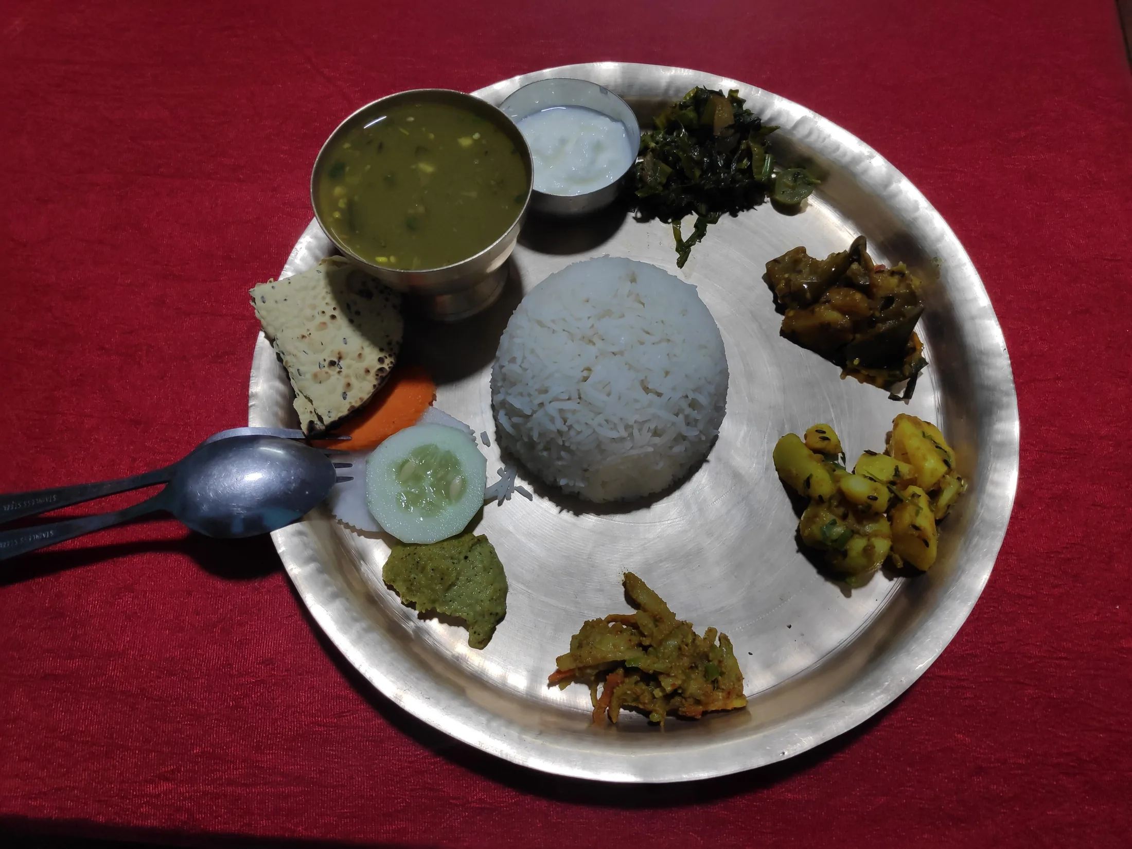 Dal bhat tarkari, the Nepali staple meal of lentils, rice and vegetables
