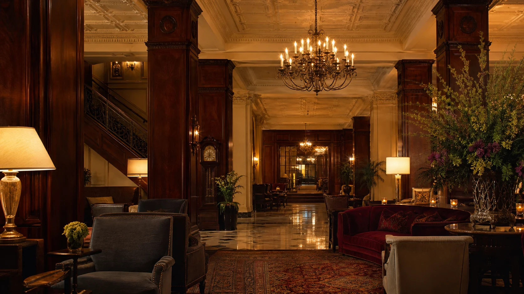 The Brown Hotel lobby, Louisville, mahogany columns and period chandelier