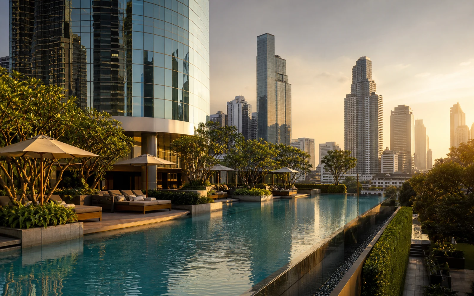 AI-generated Bangkok city hotel pool and skyline scene inspired by Conrad Bangkok