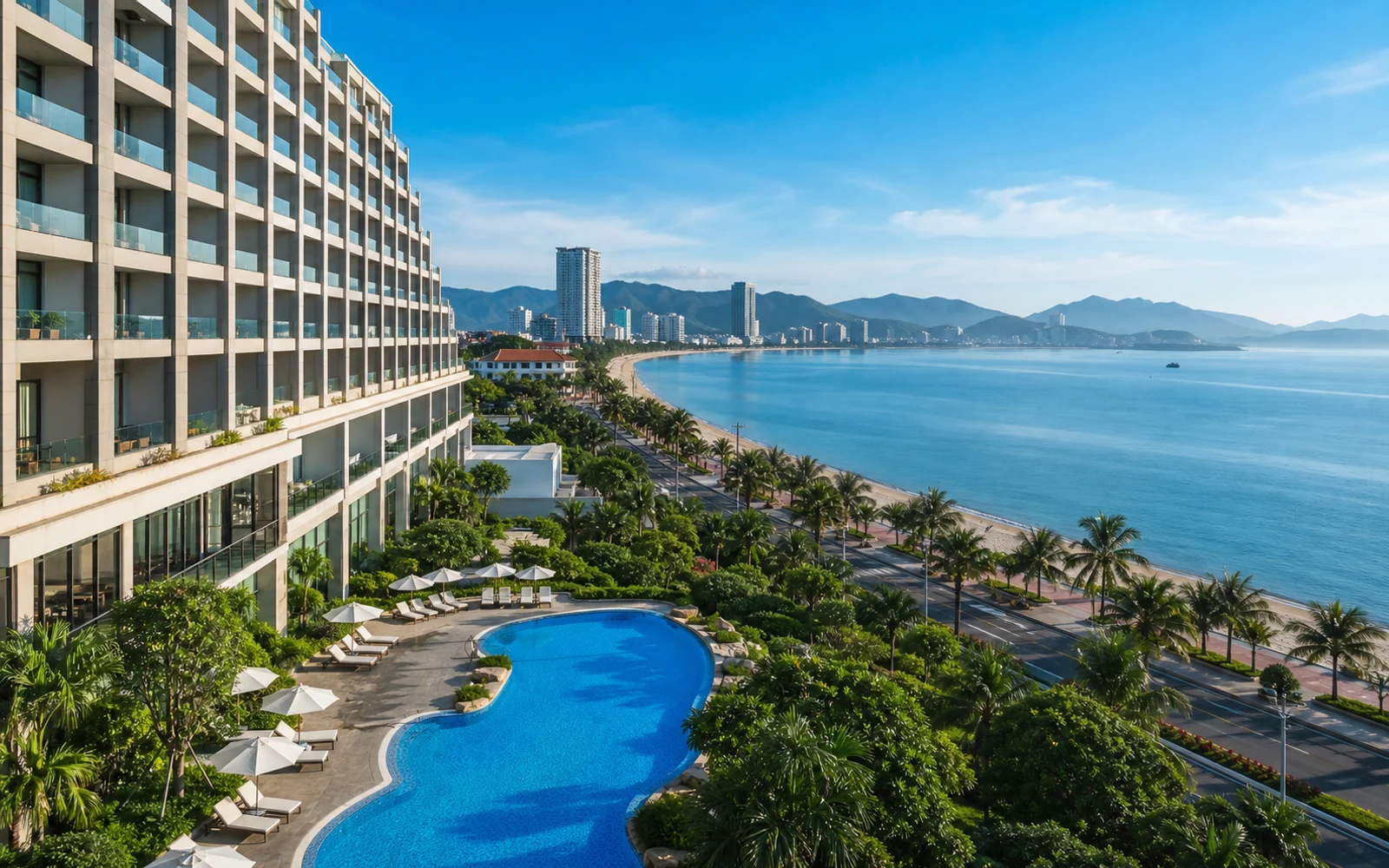 AI-generated Nha Trang bay hotel and pool scene inspired by Diamond Bay Hotel