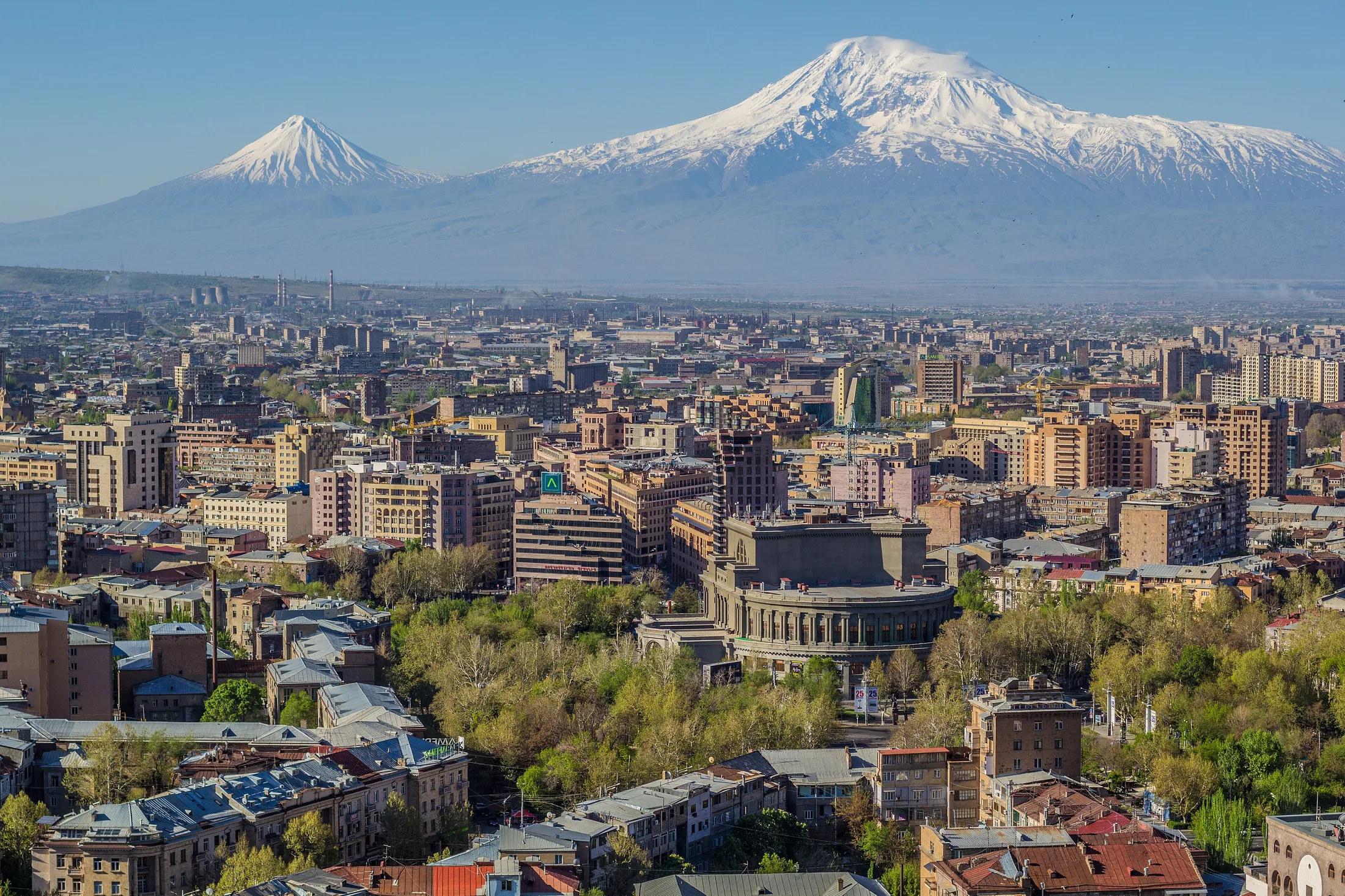 Mount Ararat and the Yerevan skyline in or near Yerevan, Armenia