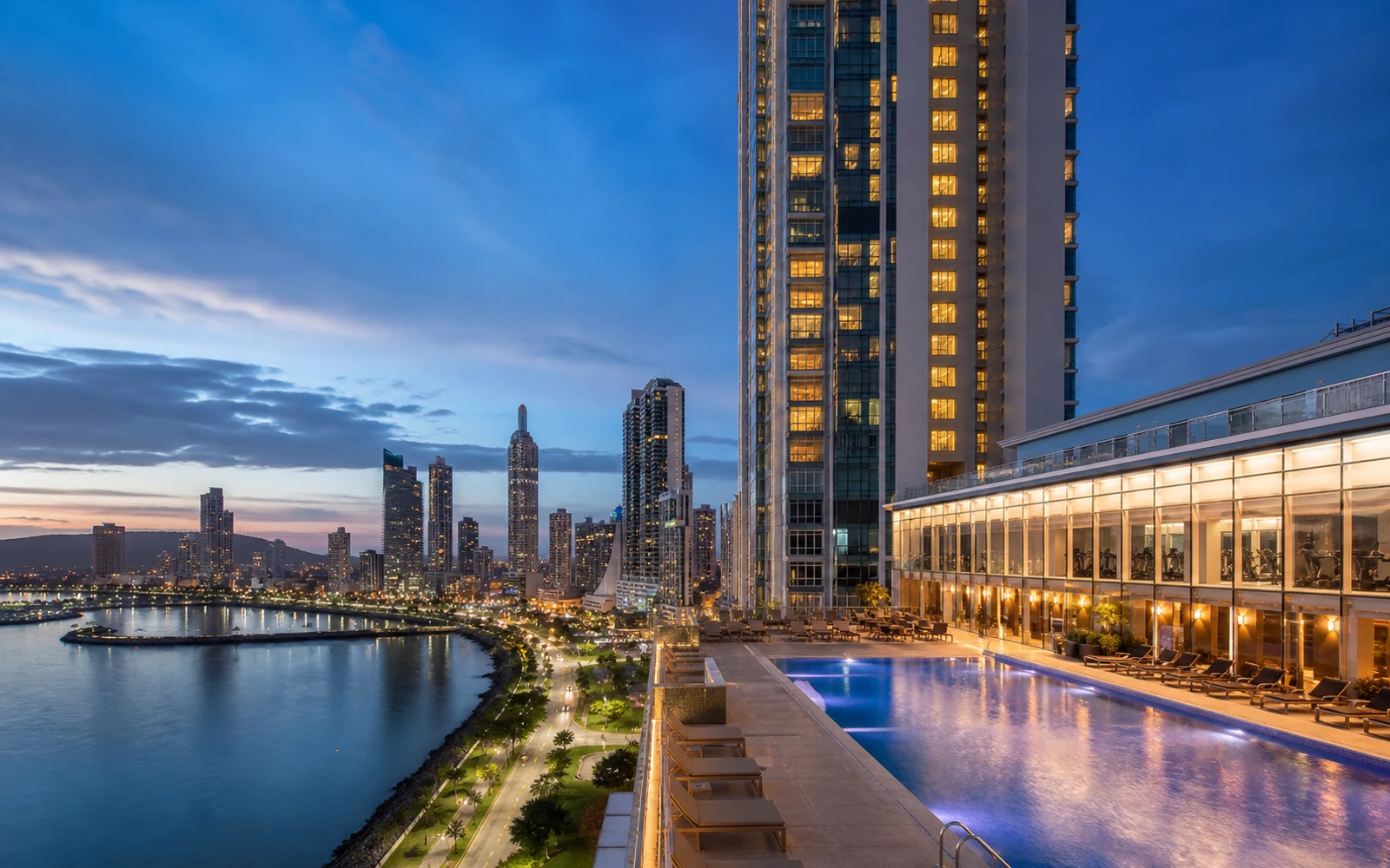 AI-generated Panama City skyline hotel pool terrace inspired by Megapolis Hotel Panama