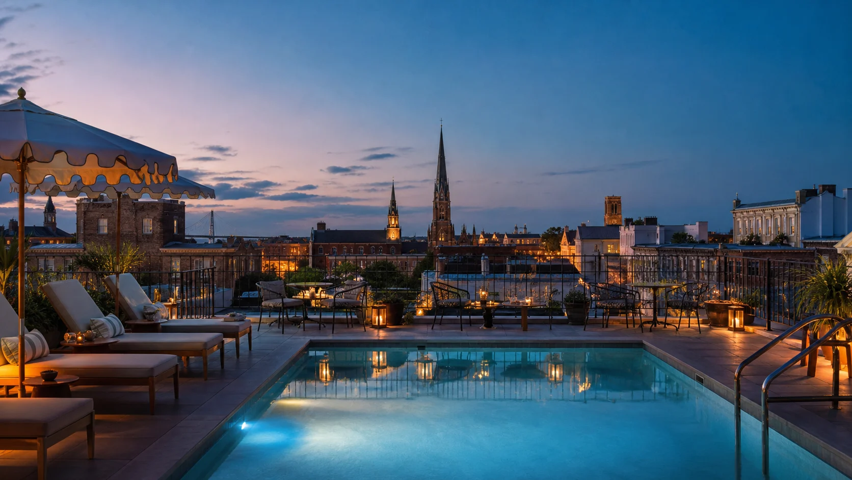 Perry Lane Hotel Savannah rooftop pool at dusk, Savannah Historic District rooftops in background