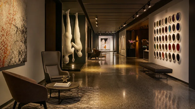 21c Museum Hotel Louisville, contemporary art installation in lobby corridor with dramatic lighting