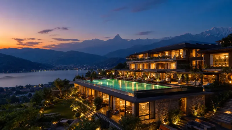 AI-generated editorial dusk view of Bar Peepal Resort in Pokhara, Nepal