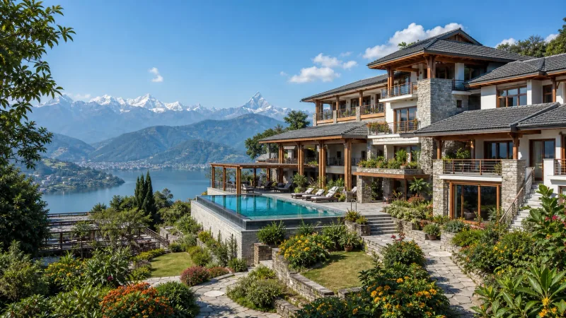 AI-generated realistic daylight view of Bar Peepal Resort in Pokhara, Nepal