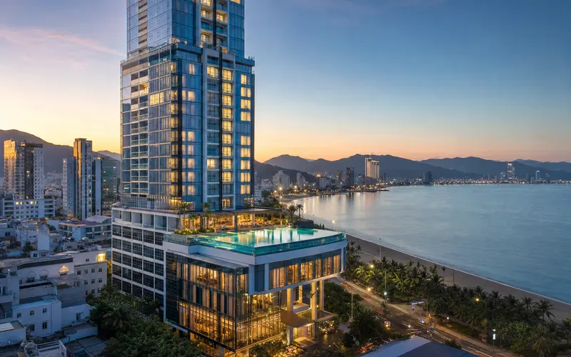 AI-generated editorial dusk view of Boton Blue Hotel & Spa in Nha Trang, Vietnam
