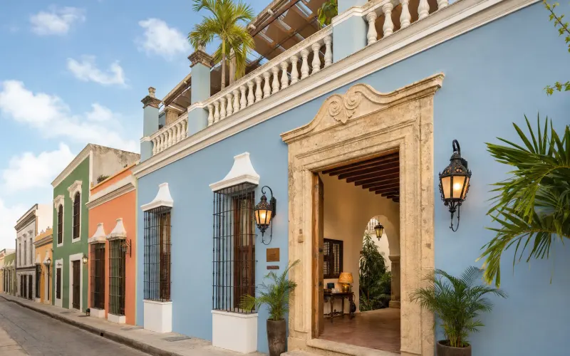 AI-generated realistic daylight view of Casa Don Gustavo Boutique Hotel in Campeche, Mexico