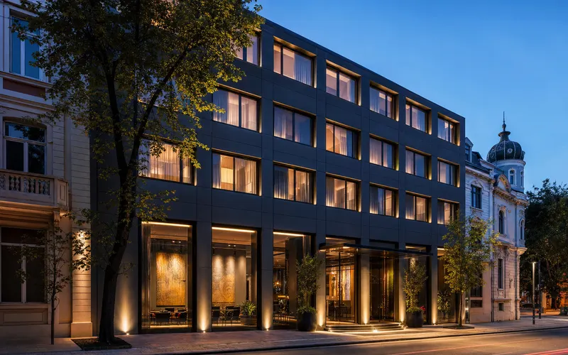 AI-generated editorial dusk view of Graffit Gallery Design Hotel in Varna, Bulgaria