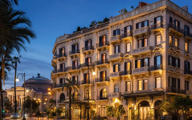 AI-generated editorial dusk view inspired by Grand Hotel Wagner in Palermo
