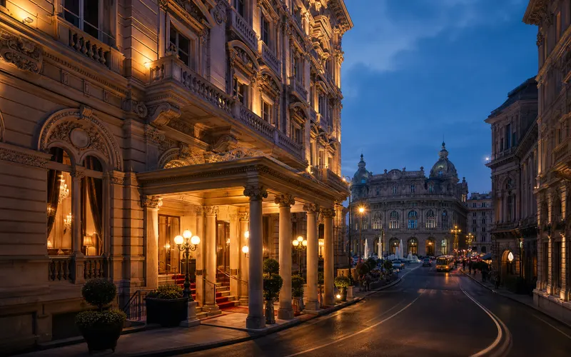 AI-generated editorial dusk view inspired by Hotel Bristol Palace in Genoa