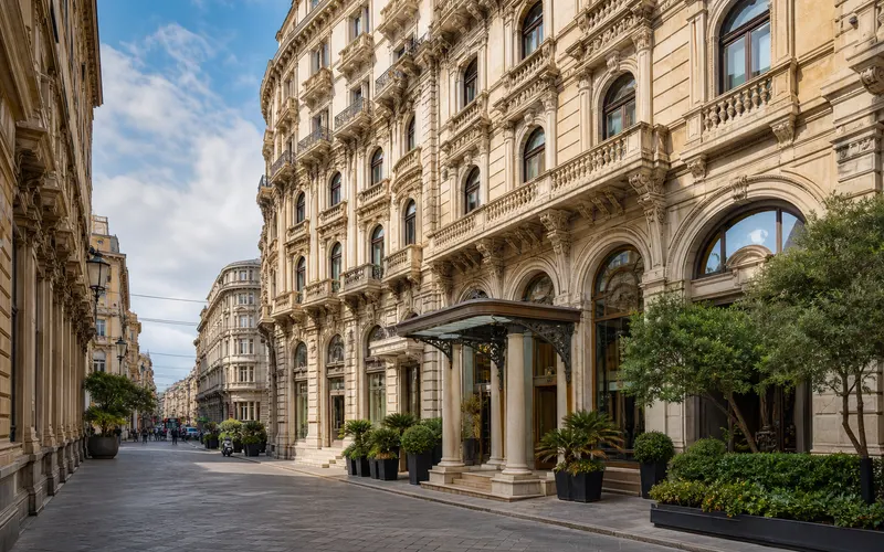 AI-generated realistic daylight view inspired by Hotel Bristol Palace in Genoa