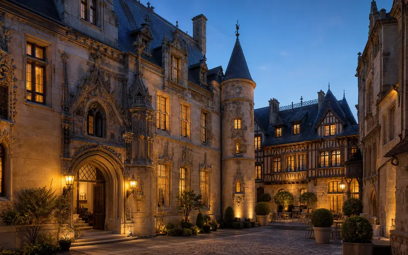 AI-generated editorial dusk view inspired by Hotel de Bourgtheroulde in Rouen