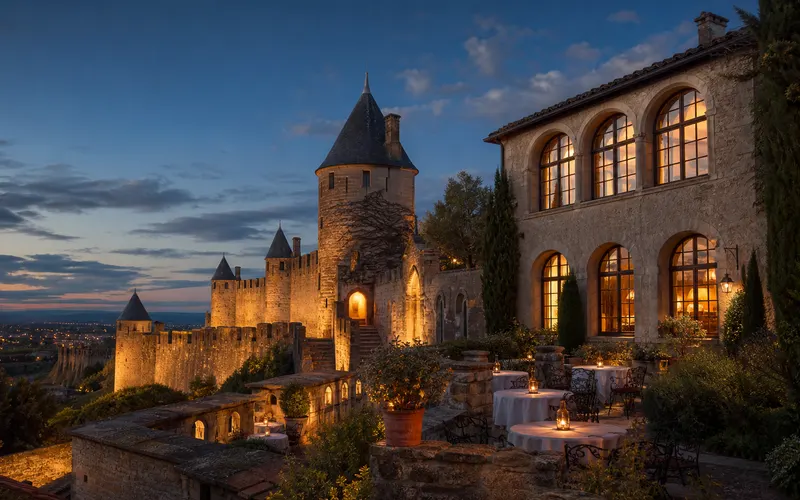 AI-generated editorial dusk view inspired by Hotel de la Cite Carcassonne in France