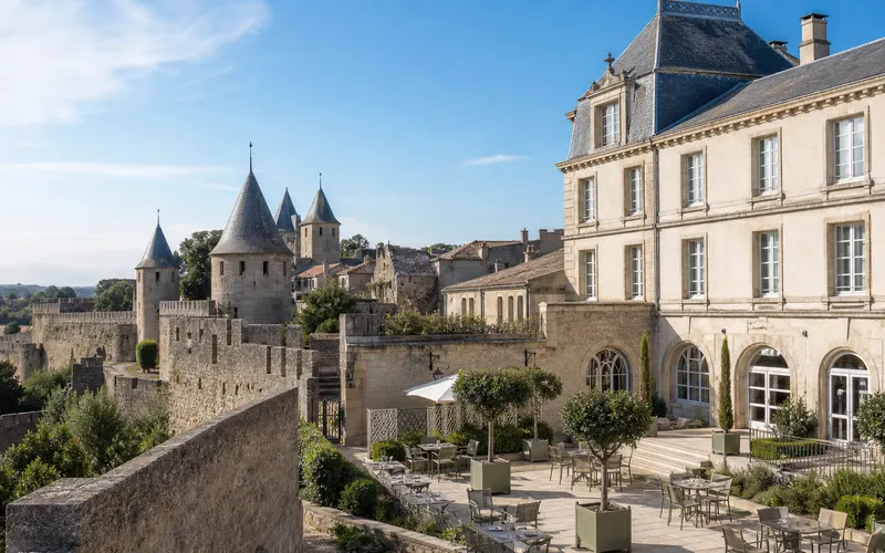AI-generated realistic daylight view inspired by Hotel de la Cite Carcassonne in France
