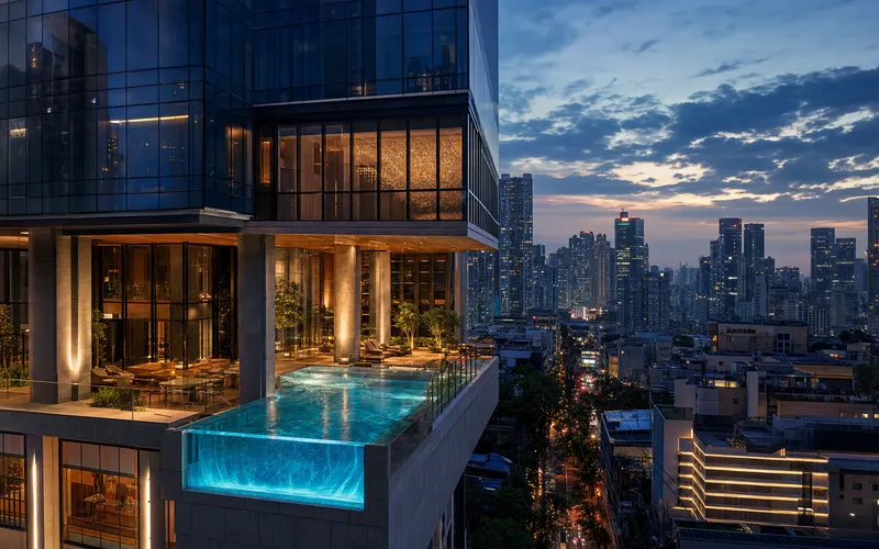AI-generated editorial dusk view of I'M Hotel in Makati, Philippines