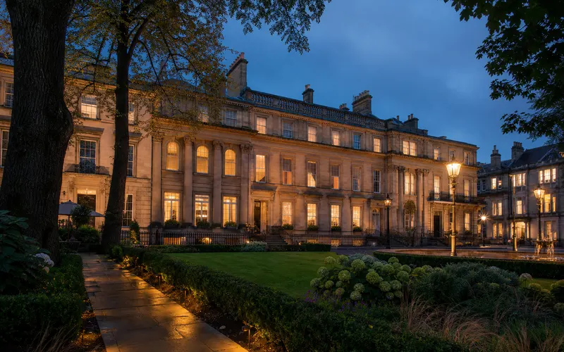 AI-generated editorial dusk view of Kimpton Blythswood Square Hotel and Spa in Glasgow