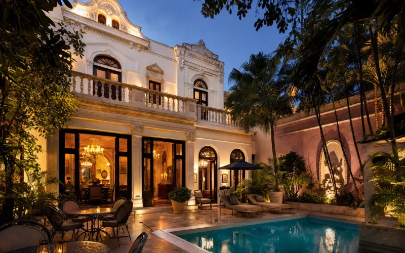 AI-generated editorial dusk view of Mansion Merida Boutique Hotel in Merida, Mexico