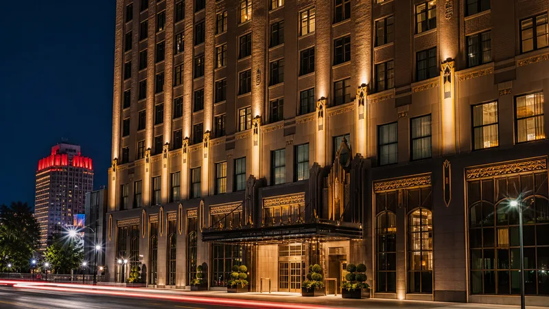 The Mayo Hotel Tulsa, Art Deco facade at night with neon signage