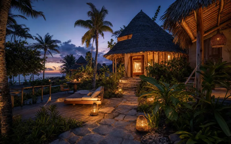 AI-generated editorial dusk view of Natura Cabana Boutique Hotel & Spa in Cabarete, Dominican Republic