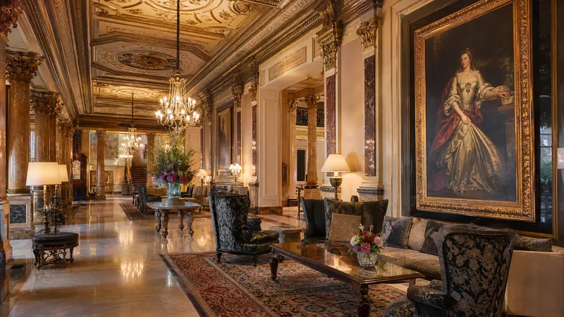 The Pfister Hotel Milwaukee, Victorian lobby with ornate ceiling and period art