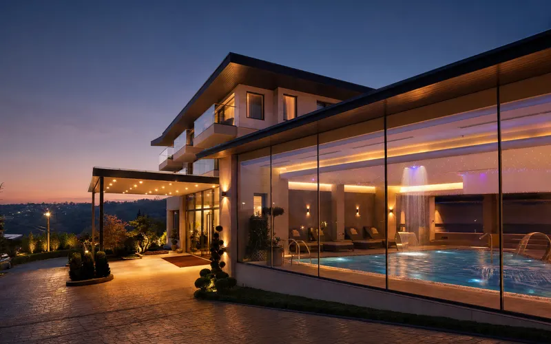 AI-generated editorial dusk view of Pleiada Boutique Hotel & Spa in Iasi, Romania
