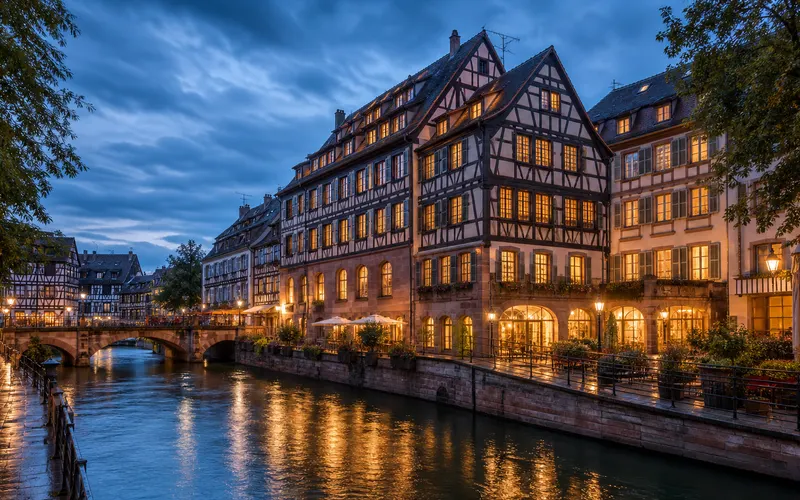 AI-generated editorial dusk view inspired by Hotel & Spa Regent Petite France in Strasbourg
