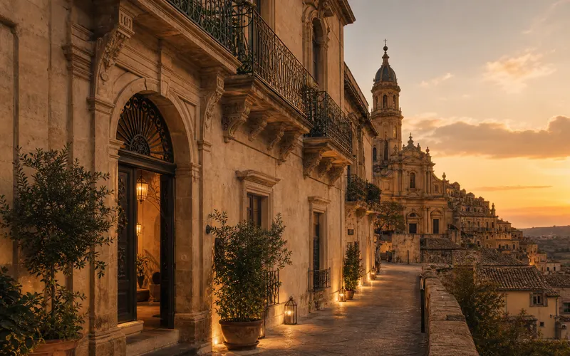 AI-generated editorial dusk view inspired by Relais Antica Badia in Ragusa