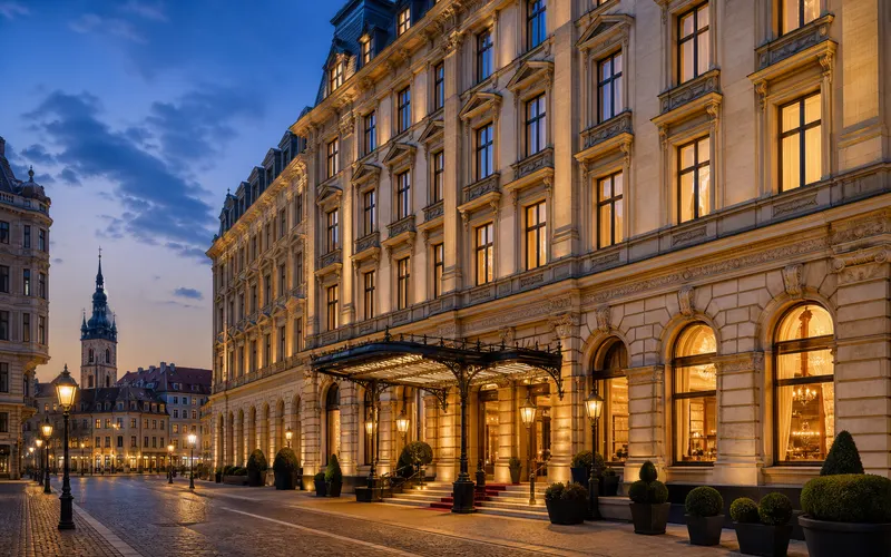 AI-generated editorial dusk view of Steigenberger Icon Grandhotel Handelshof Leipzig in Germany