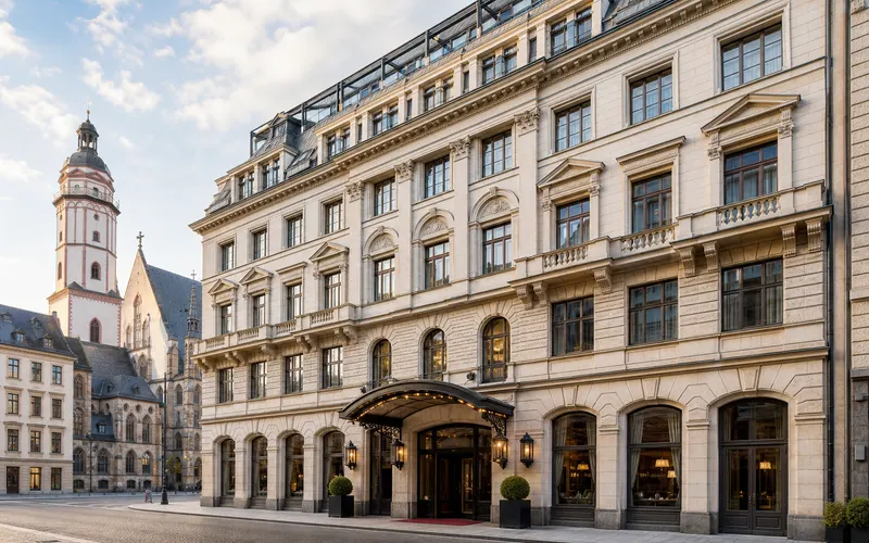 AI-generated realistic daylight view of Steigenberger Icon Grandhotel Handelshof Leipzig in Germany