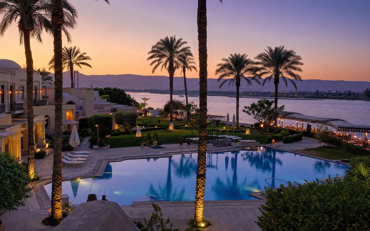 AI-generated editorial dusk view of Steigenberger Resort Achti in Luxor, Egypt
