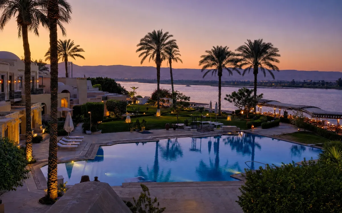AI-generated editorial dusk view of Steigenberger Resort Achti in Luxor, Egypt