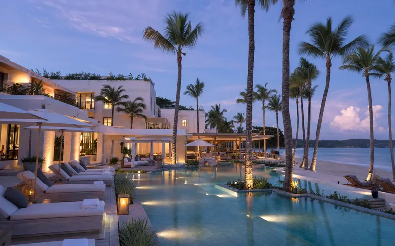AI-generated editorial dusk view of Sublime Samana in Las Terrenas, Dominican Republic