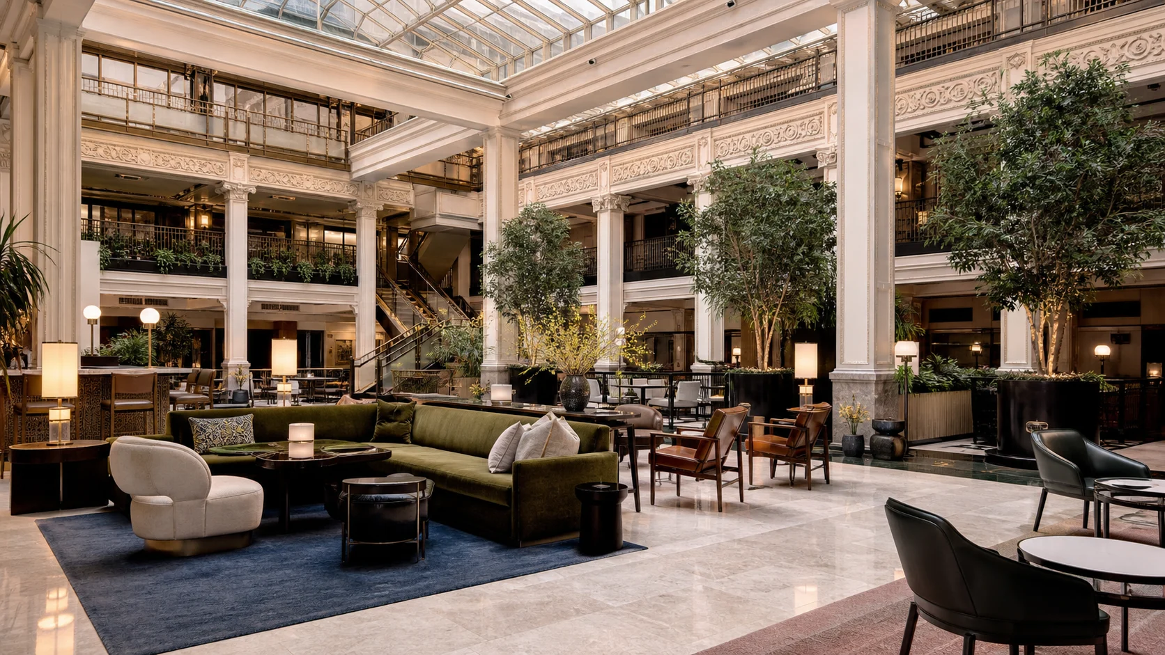 The Nines Portland atrium, 1909 Meier & Frank building interior with contemporary furnishings