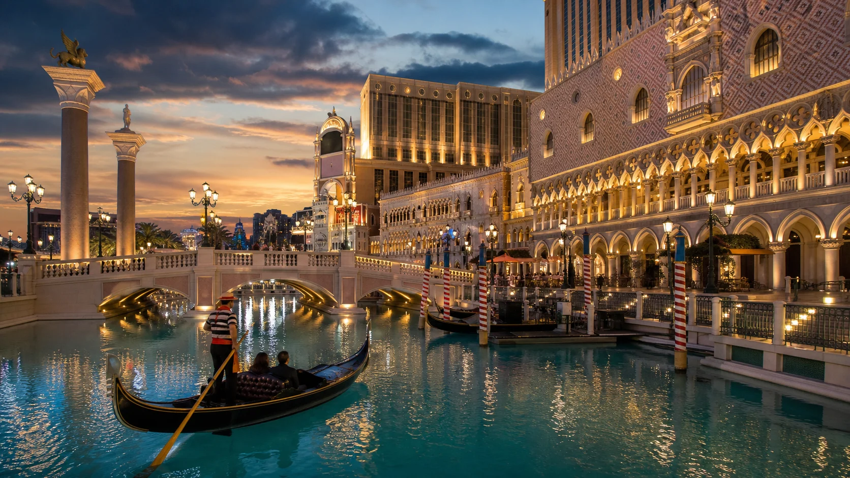 The Venetian Resort Las Vegas at dusk, Grand Canal and gondola in foreground